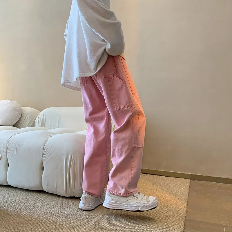 Top Trends: Cargo Pink Jeans Men Fashion Harajuku Casual Baggy Straight Jeans Men Streetwear Loose Hip Hop Denim Pants Mens Trousers S-3XL Shoppable Styles