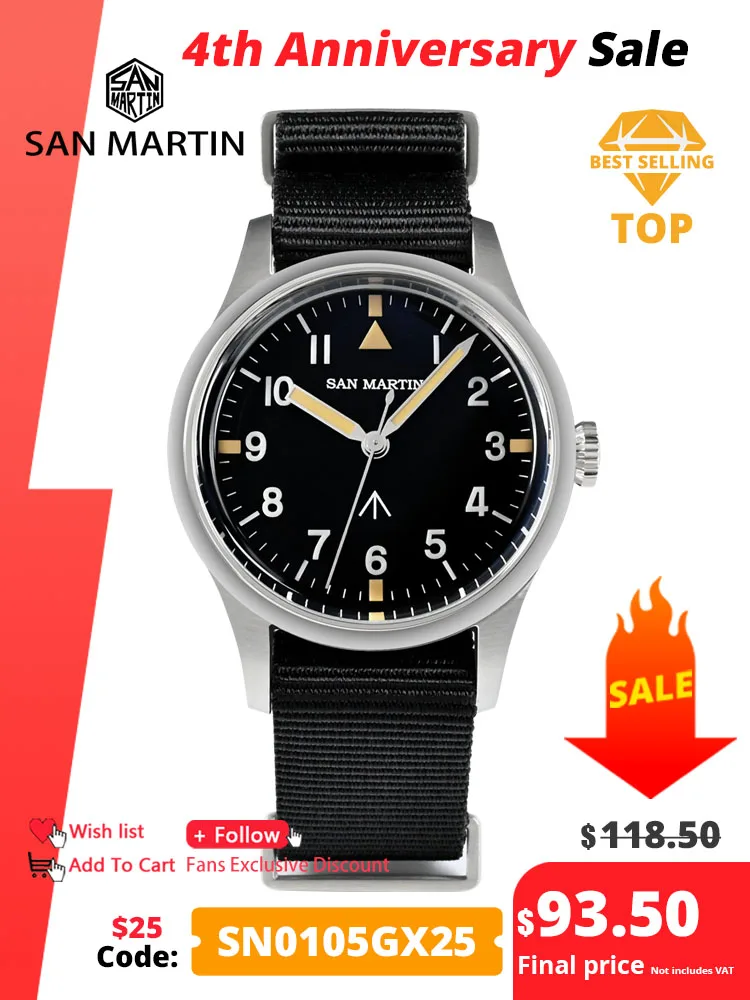 Top Trends: San Martin 36mm Men Pilot Watch VH31 Mechaquartz Movement Sweep Second Quartz Series Simple Style Nylon Strap 10 Bar Luminous Shoppable Styles