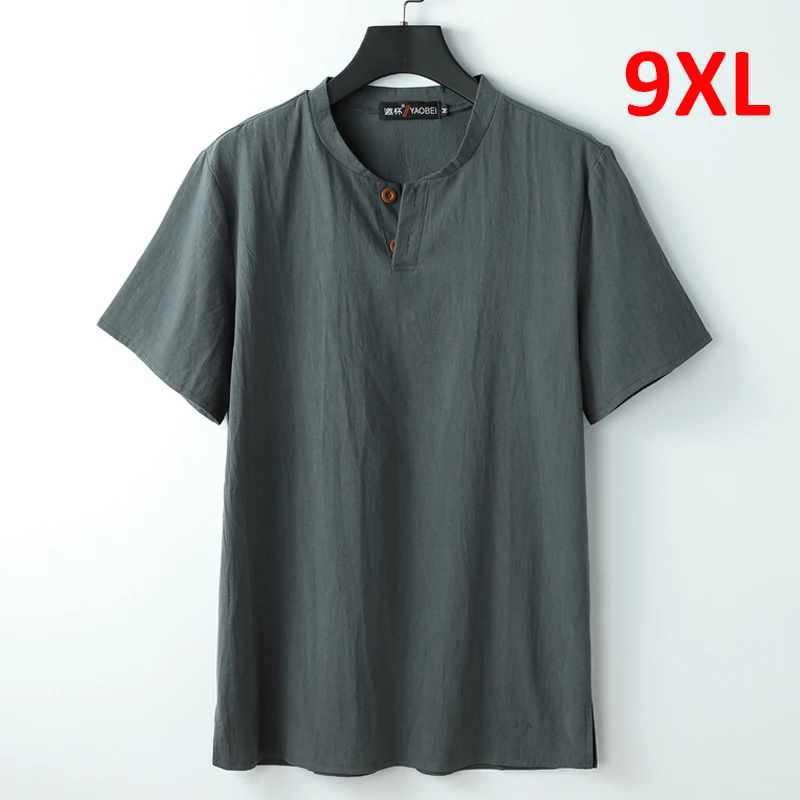 Top Trends: 9XL Linen T-shirt Men Summer Solid Color Tshirt Fashion Casual Linen Tees Tops Male Henley Collar T Shirt Plus Size 8XL 9XL Shoppable Styles