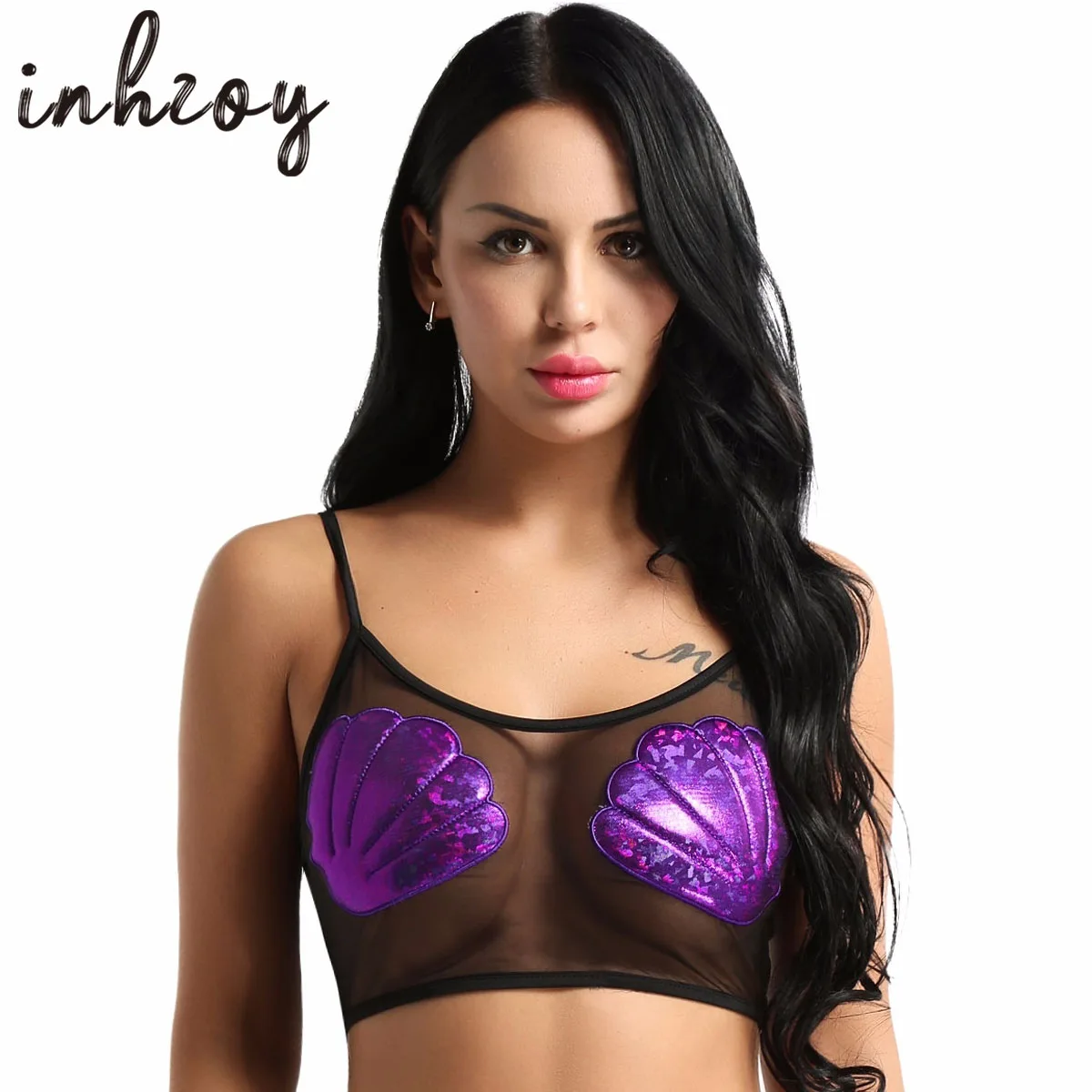 Top Trends: Fashion Women Black Mesh Splice Shiny Seashell Sexy Crop Tops Club Party Festival Rave Stage Performance Pole Dance Costume Shoppable Styles