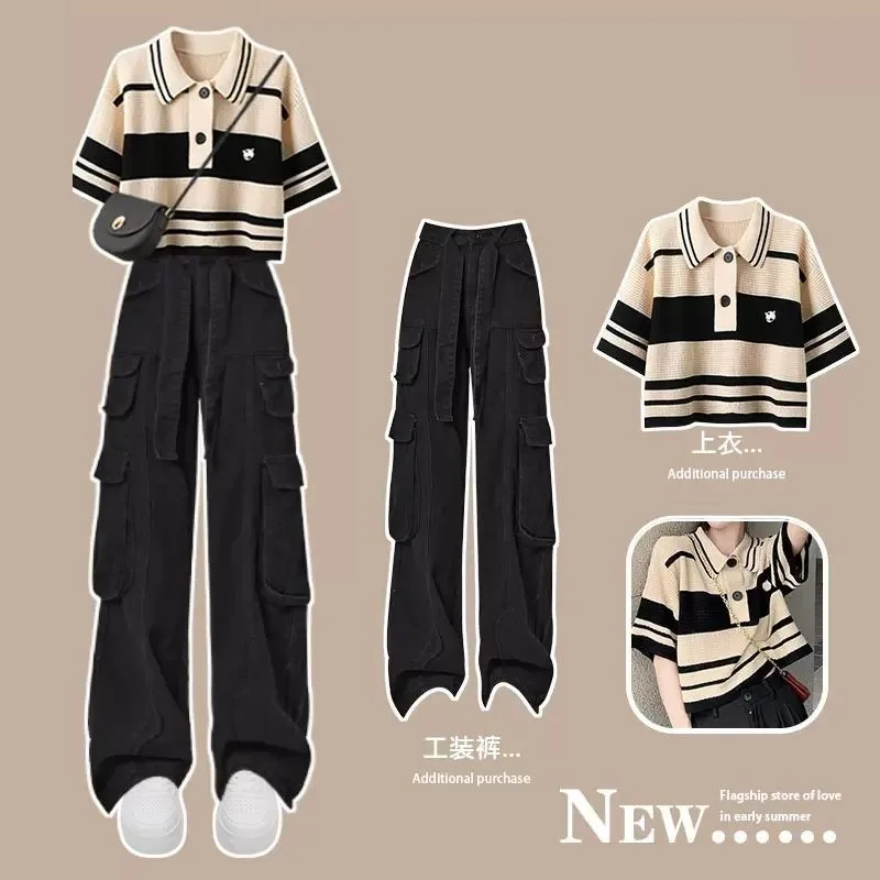 Top Trends: Women&#039;s Summer Pants Suit 2023 New Fashion Polo Knitted Short Sleeve Top Cargo Pants Two Piece Korean Chic Blouse Matching Set Shoppable Styles