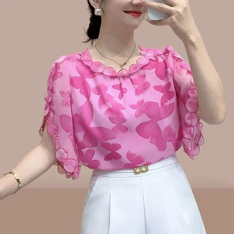 Top Trends: Summer New Chiffon Thin Printing Shirt Top O-Neck Short Sleeve Loose Patchwork Blouse Temperament Elegant Women Clothing Shoppable Styles