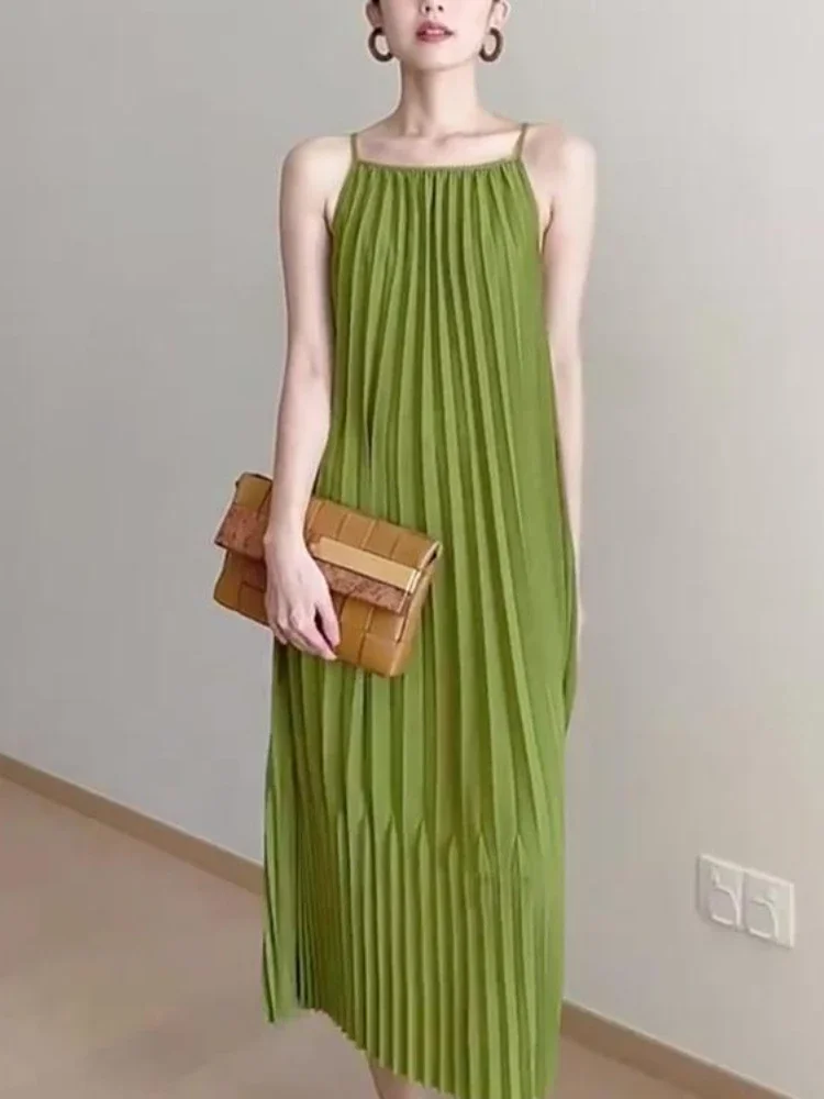 Top Trends: Sexy Dress 2023 New Nü'shi Fashion Pleated Oversized Elegant Long Skirt Office Spaghetti Strap Vintage Classic Summer Dress Shoppable Styles