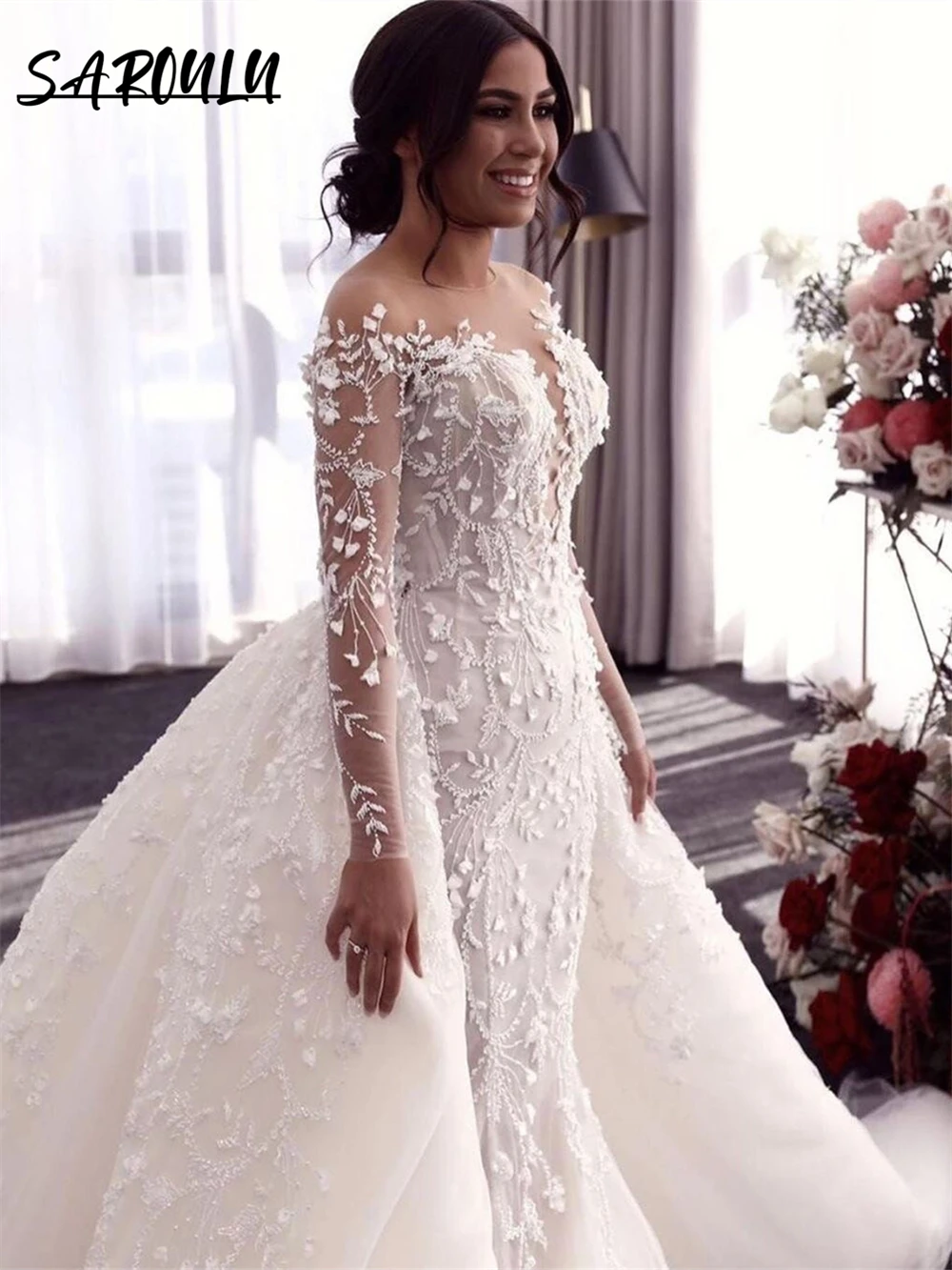 Top Trends: Illusion Long Sleeve Wedding Dresses For Women With Luxury Appliques Mermaid Detachable Train Bride Dresses Sexy Bridal Gown Shoppable Styles - Image 4