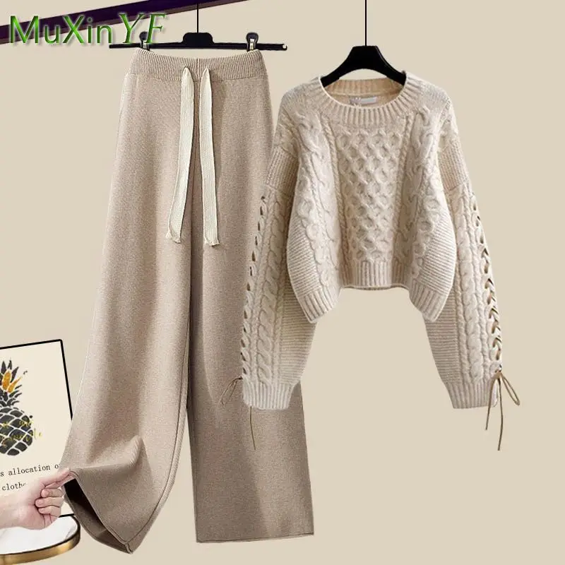 Top Trends: Women&#039;s Autumn And Winter Suit Korean Elegant 2022 New Fashion Warm Pullover Knitted Sweater+ Loose Wide Leg Pants Two-piece Set Shoppable Styles