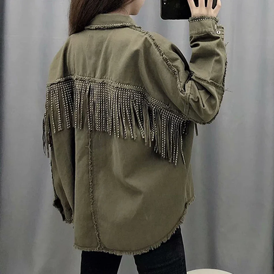 Top Trends: Vintage Fringe Beaded Loose Denim Jacket Coat Women 2023 Fashion Tassel Long Sleeve Frayed Trim Ladies Outerwear Chaqueta Mujer Shoppable Styles