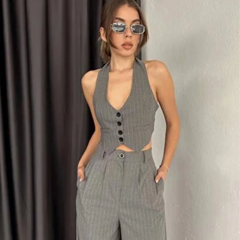 Top Trends: Vest For Women Striped Single-breasted Halter Neck Sexy Fashion Sleeveless Top 2023 New Ladies Clothing Chaleco Mujer Shoppable Styles