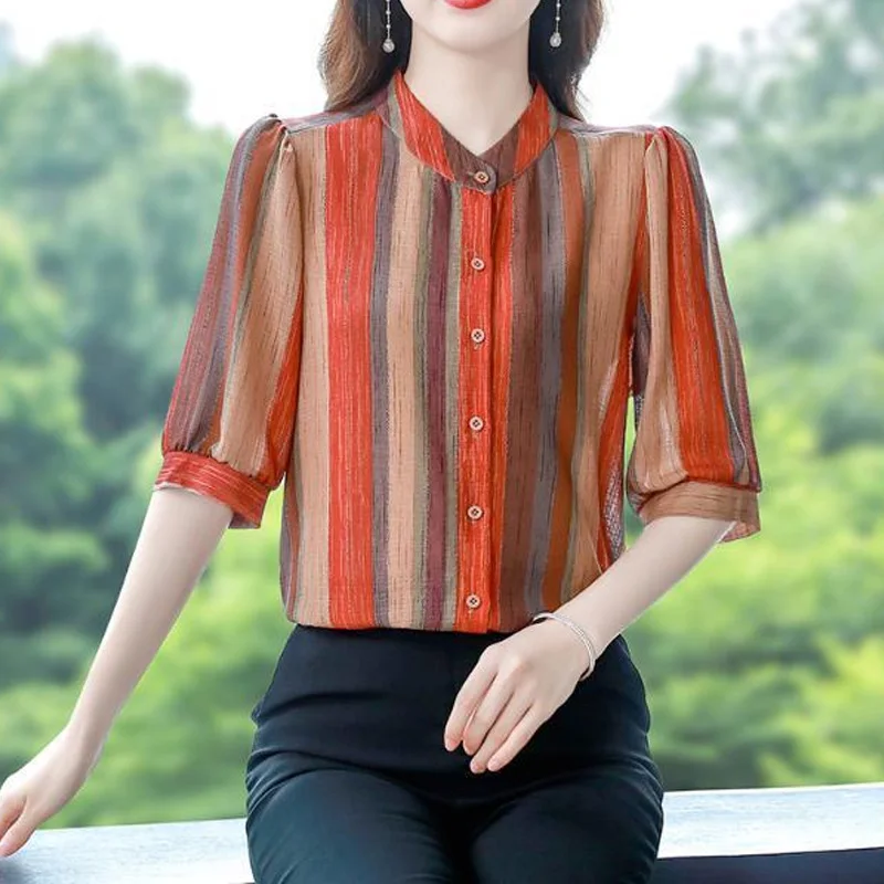 Top Trends: Vintage Printing Shirt Tops Summer New Round Neck Half Sleeve Striped Loose Plus Size Blouse Fashion Elegant Women Clothing Shoppable Styles