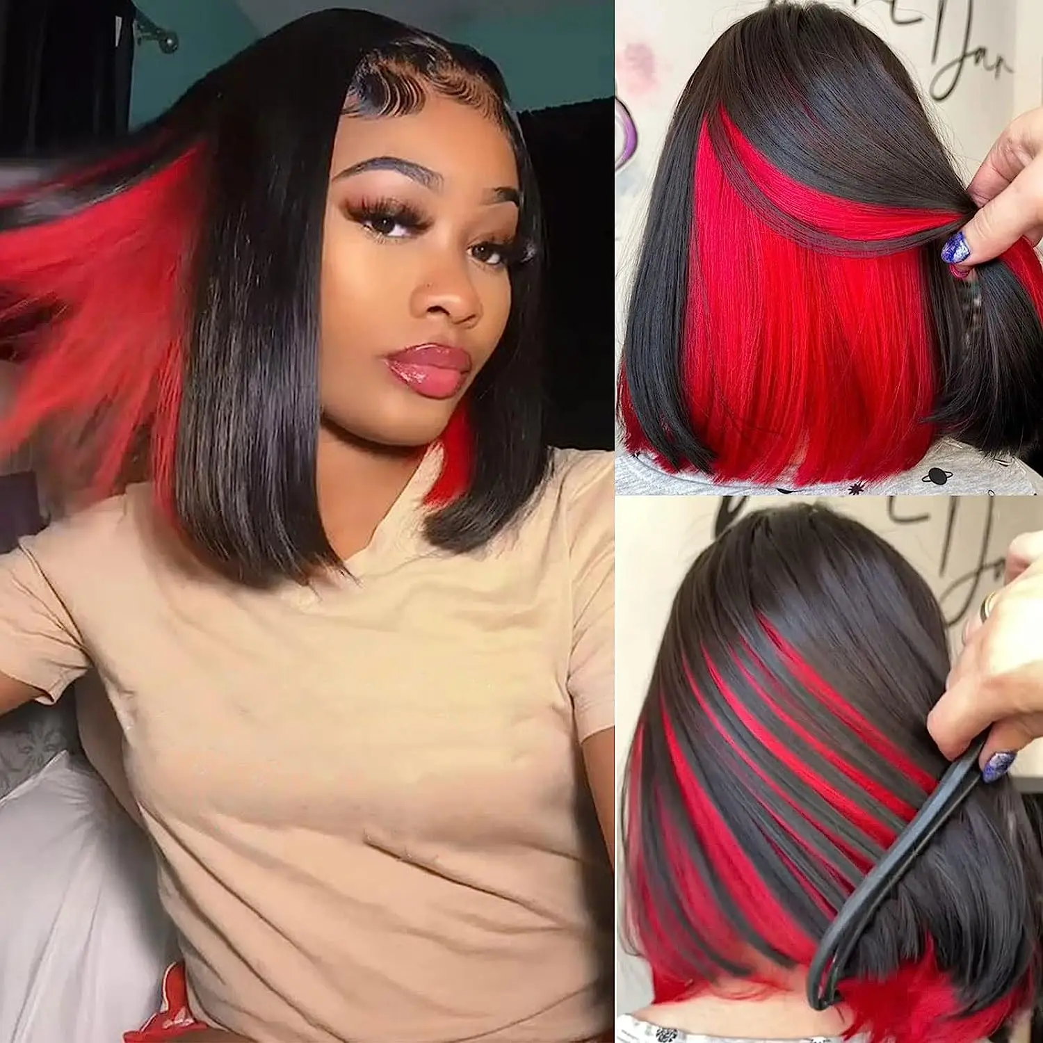 Top Trends: Bob Wigs For Women Red Peekaboo Wig Synthetic Hair Straight Bob Wig Shoulder Length Black With Red Highlights Wig Blunt Cut Bob Shoppable Styles