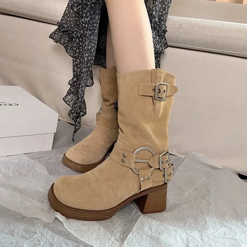 Top Trends: Autumn Women&#039;s Platform Shoes 2023 New Fashion Nubuck Buckle Chunky Heel Mid Calf Boots For Women Vintage Western Cowboy Boots Shoppable Styles