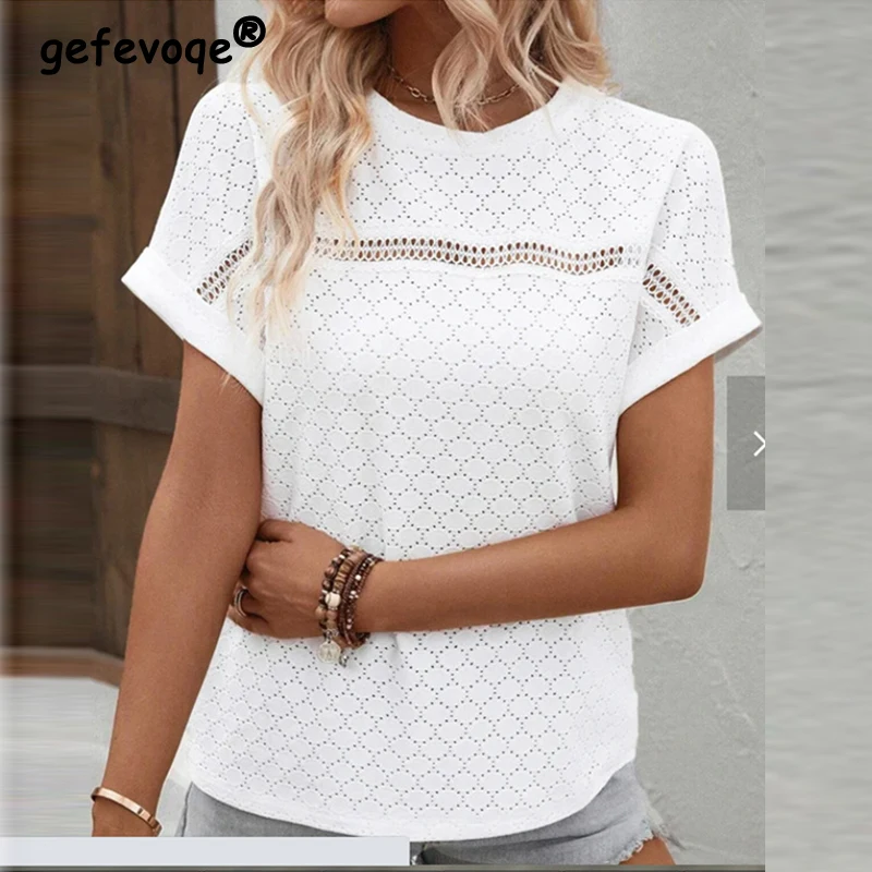 Top Trends: Women Sexy Hollow Out Lace Patchwork Blouses Summer Trendy Simple Casual White Shirts Round Neck Short Sleeve Loose Tops Blusas Shoppable Styles