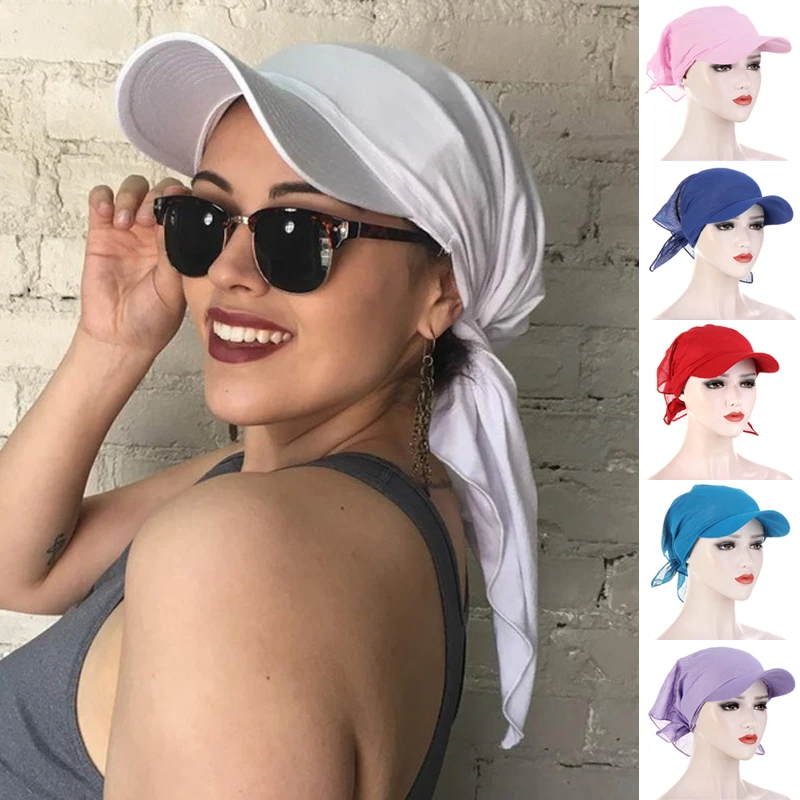 Top Trends: Summer Women Wide Brim Cap Sun Visor With Pre-Tied Turban Caps Head Scarf Windproof Bandana Solid Color Outdoor Beach Sun Hat Shoppable Styles