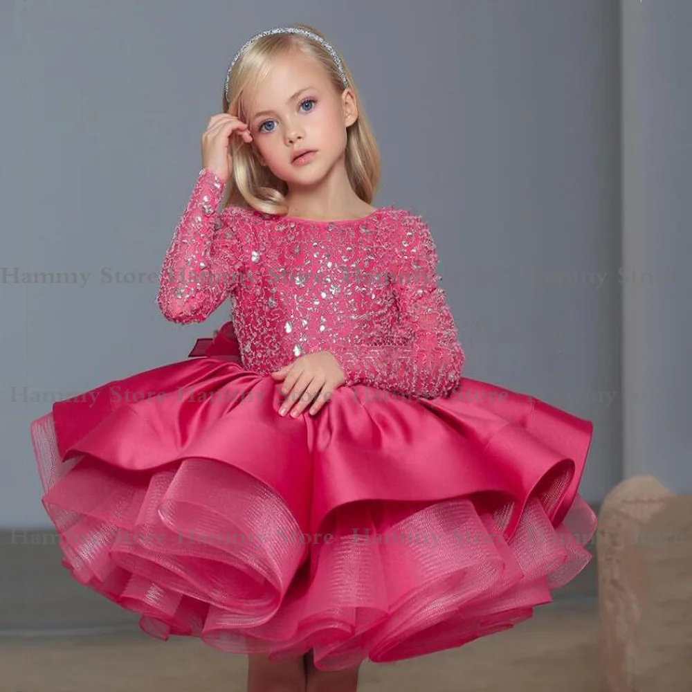 Top Trends: Fuchsia Glitter Flower Girl Dress Sparkling Long Sleeves Scoop Neck Ruffles Puff Birthday Party Gown Toddler Pageant Shoppable Styles