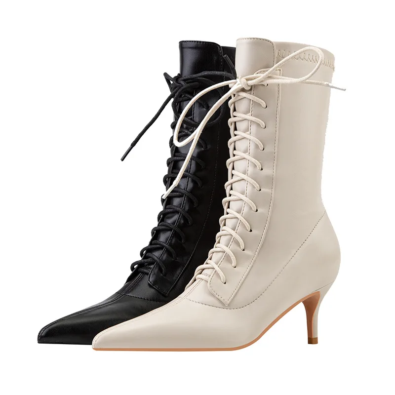 Top Trends: Luxury Brand 2022 Women's Boots Fashion Lace-up Pointed Thin Heels Boots Female Elastic Boots Plus Size 43 Ankle Boots Women Shoppable Styles