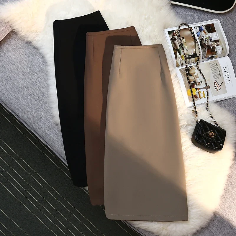 Top Trends: Fashion Elegant Formal Skirts Women Autumn New High Waist Drape Suit Long Brown Skirt Zipper Female Shoppable Styles