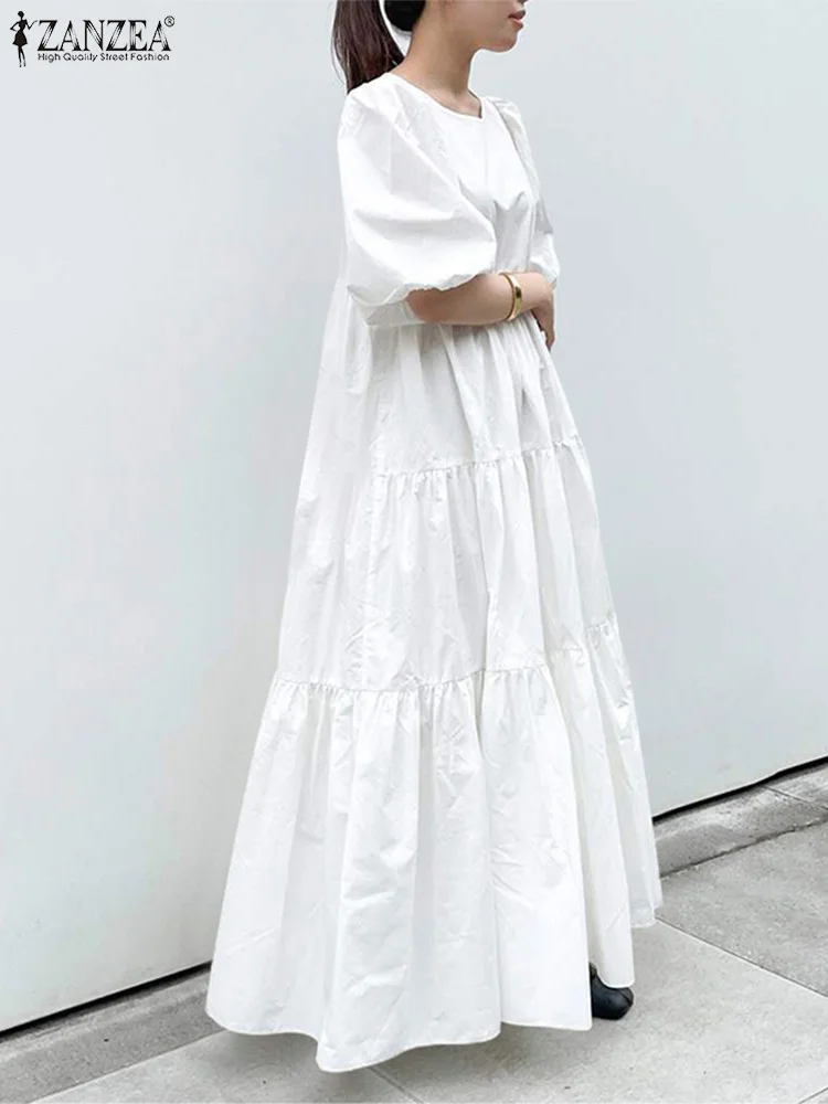 Top Trends: ZANZEA Holiday Korean Fashion Long Robes Women Puff Sleeve Solid Casual Loose Vestidos A-line Pleated Tiered Summer Maxi Dress Shoppable Styles