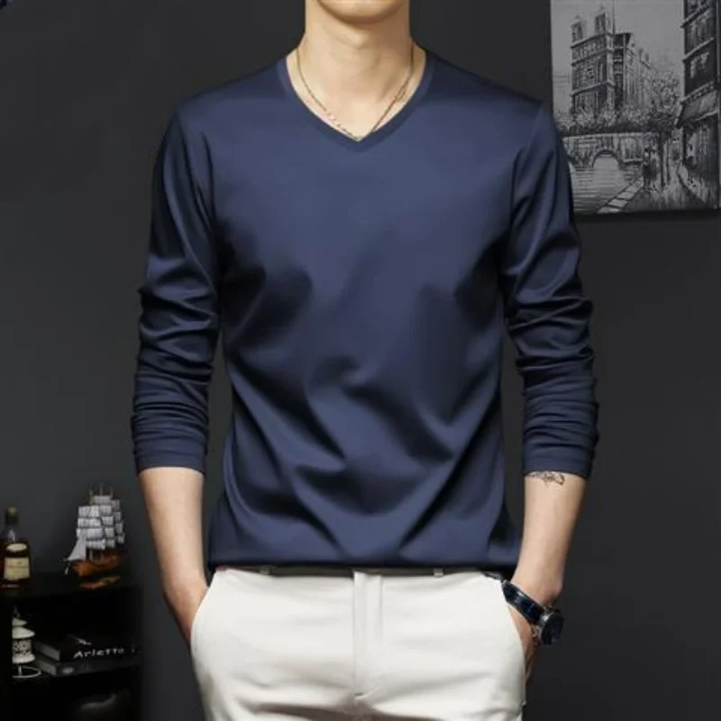 Top Trends: Autumn New Promotion Ice Silk T-shirt Men's Korean Casual Versatile Solid Long Sleeve V-Neck Fashion Commuter Slim Thin Top2023 Shoppable Styles