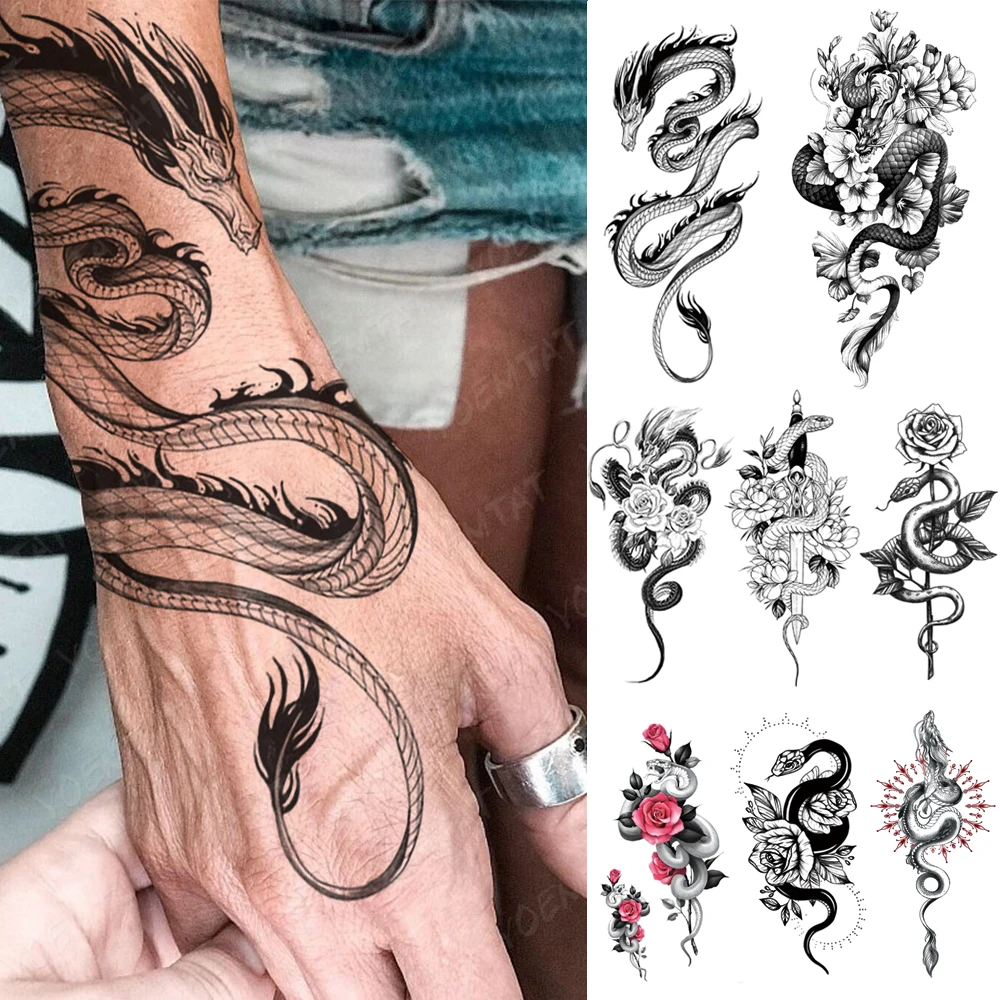 Top Trends: Waterproof Temporary Tattoo Sticker Black Dragon Snake Totem Peony Rose Flower Flash Tatto Women Men Arm Body Art Fake Tattoos Shoppable Styles