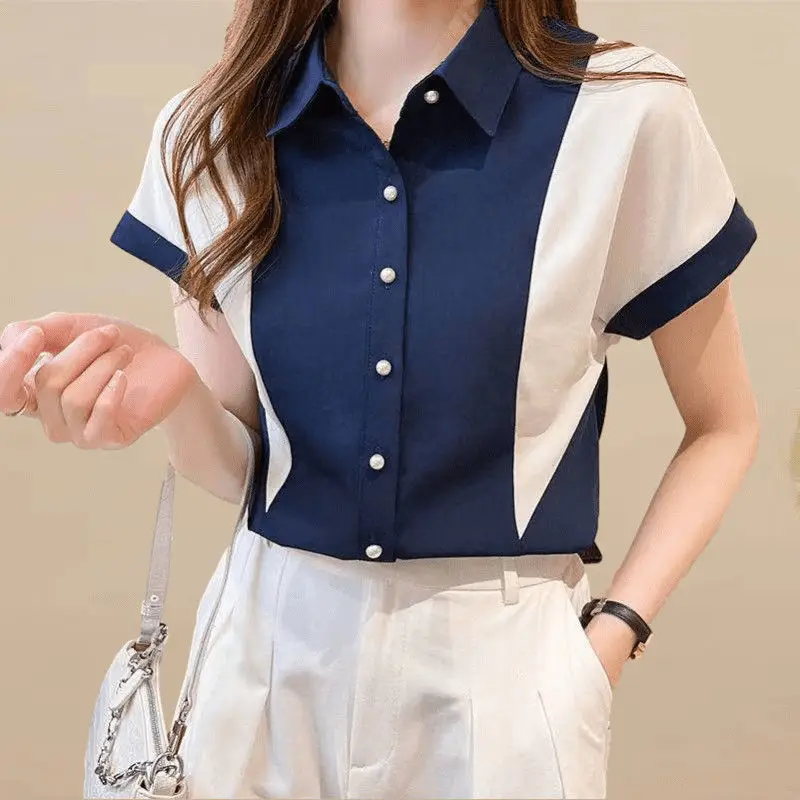 Top Trends: Fashion Lapel Spliced Raglan Sleeve Plus Size Chiffon Blouse 2022 Summer New Commute Tops Loose Female Clothing Casual Shirt Shoppable Styles