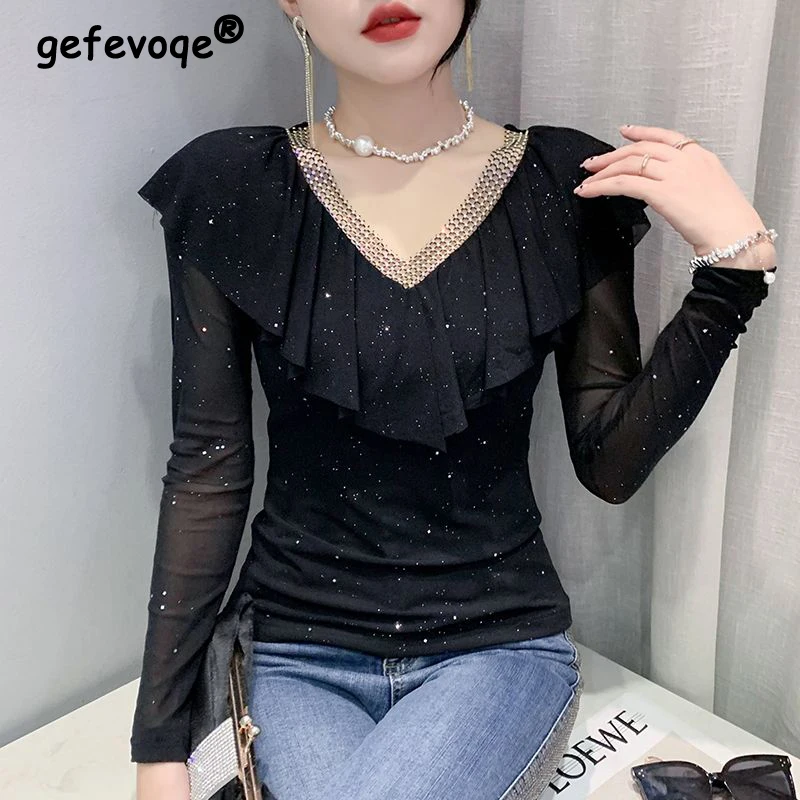 Top Trends: Spring Autumn Women Sexy See Through Mesh V Neck Ruffle Sequins T Shirt Elegant Fashion Slim Tees Ladies Solid Long Sleeve Tops Shoppable Styles