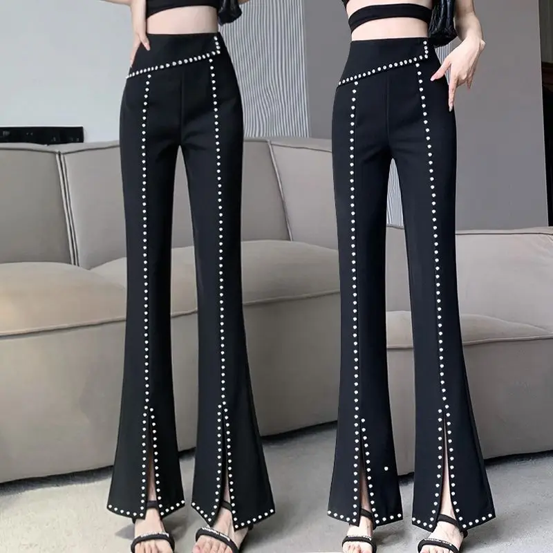 Top Trends: Korean Fashion Women Black Flare Pants Spring Autumn New Slim High Waist Streetwear Casual Split All-match Y2K Diamond Trousers Shoppable Styles - Image 2