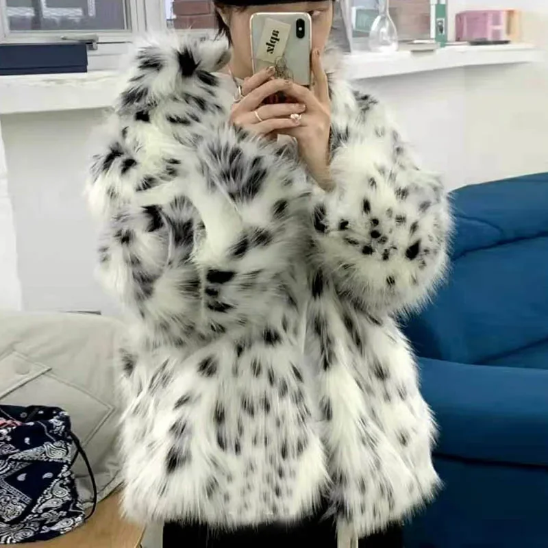 Top Trends: Cat Printed Imitation Fox Fur Coat Black And White Spotted Leopard Lapel Loose Coat Young Women Thick Warm Fur Outer Wear Winter Shoppable Styles