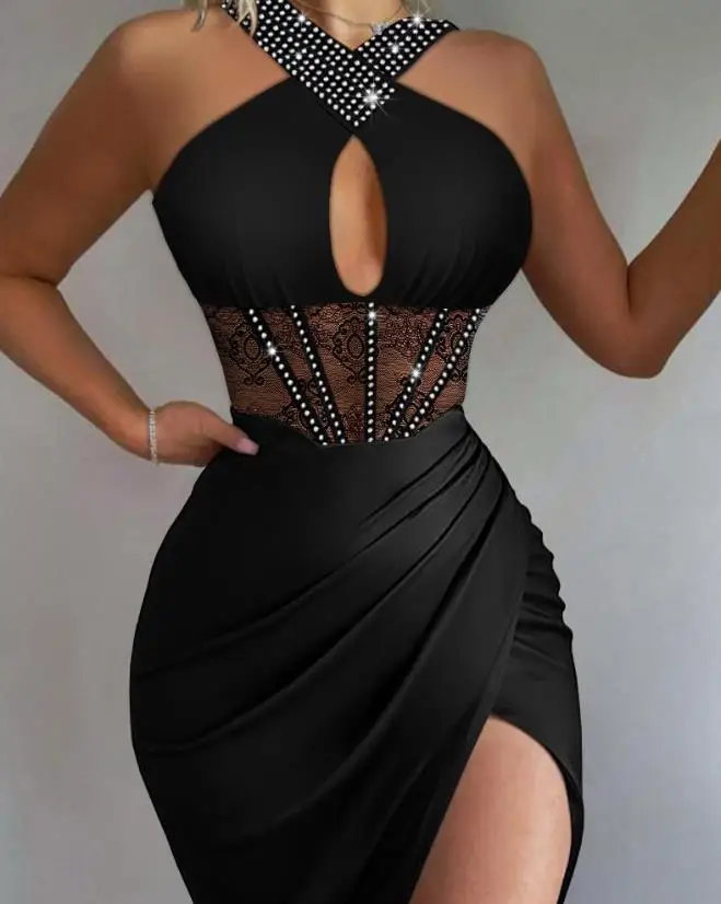 Top Trends: Sexy Night Out Party Dresses For Women 2022 Rhinestone Ruched High Slit Contrast Lace Corset Sleeveless Halter Slim Dress New Shoppable Styles