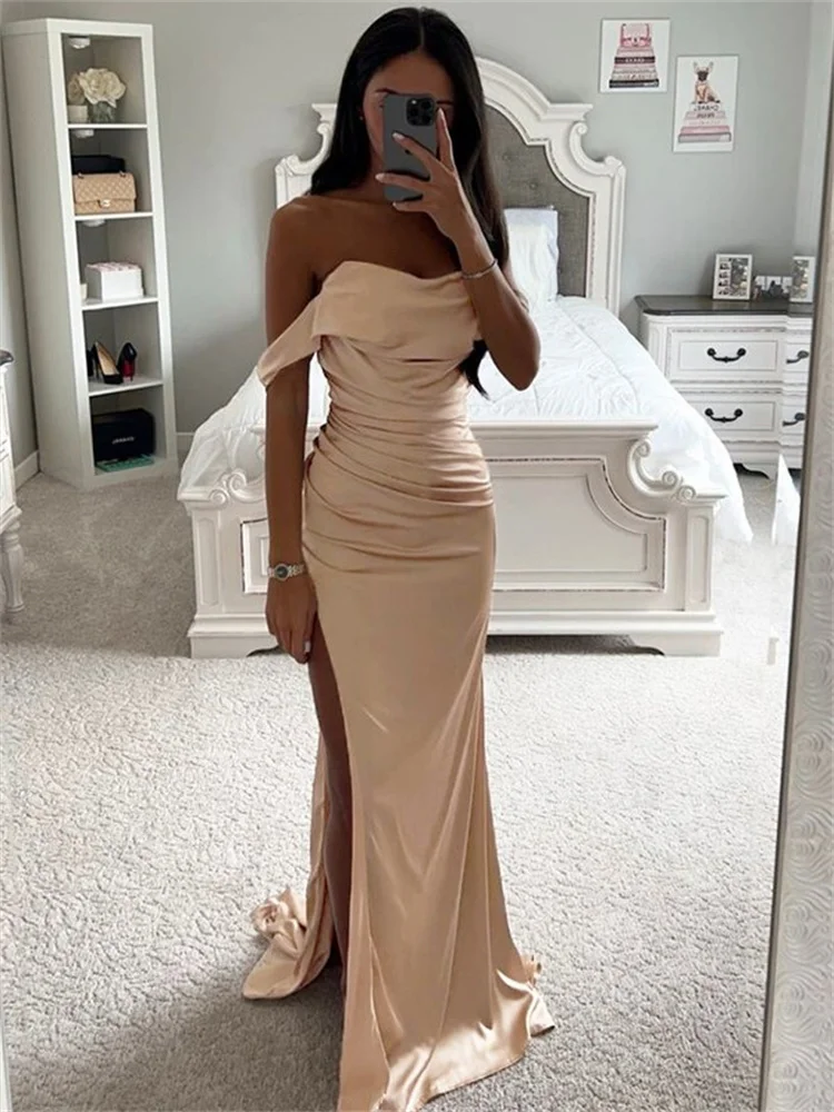 Top Trends: Elegant Sheath / Column Elastic Woven Satin Ruched Off-the-Shoulder Sleeveless Floor Length Backless Sweep / Brush Train Dresses Shoppable Styles - Image 2