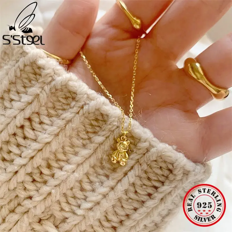 Top Trends: S'STEEL 925 Sterling Silver Original 100% Teddy Bear Pendant Necklace Charm Necklaces For Women Designer Gold Neckless Jewellery Shoppable Styles