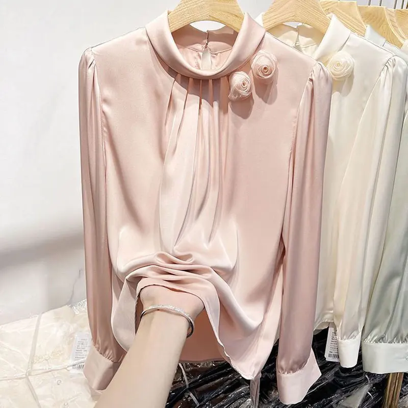 Top Trends: French Style Elegant Folds Shirt Female Clothing Stylish Floral Three-dimensional Decoration Spring Autumn Stand Collar Blouse Shoppable Styles - Image 5