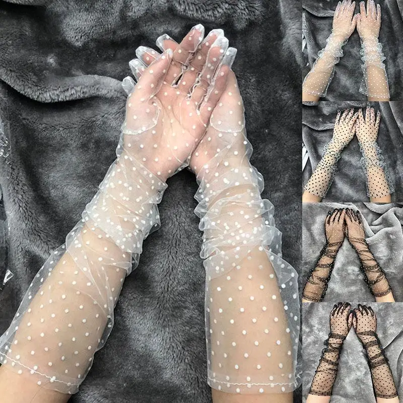 Top Trends: Autumn Summer Women Short Tulle Gloves White Black Dot Weeding Gloves Stretchy Lace Spots Full Finger Mittens Mesh Lace Gloves Shoppable Styles