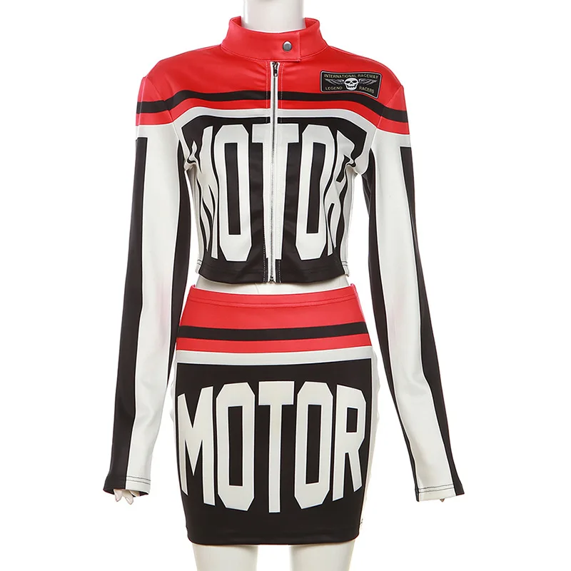 Top Trends: Color Patchwork Letter Print Women 2 Piece Set Zipper Long Sleeve Slim Jackets Crop Tops Bodycon Mini Skirts Casual Streetwear Shoppable Styles - Image 2