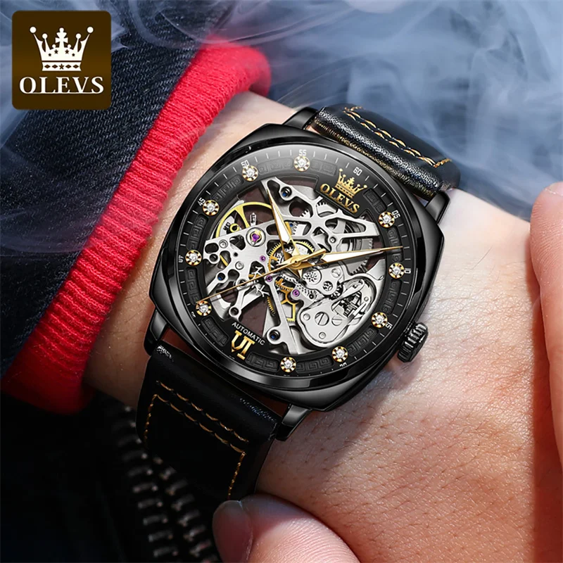 Top Trends: OLEVS Luxury Men Watches Automatic Mechanical Wristwatch Skeleton Design Waterproof Leather Strap Male Watch Reloj Hombre Shoppable Styles