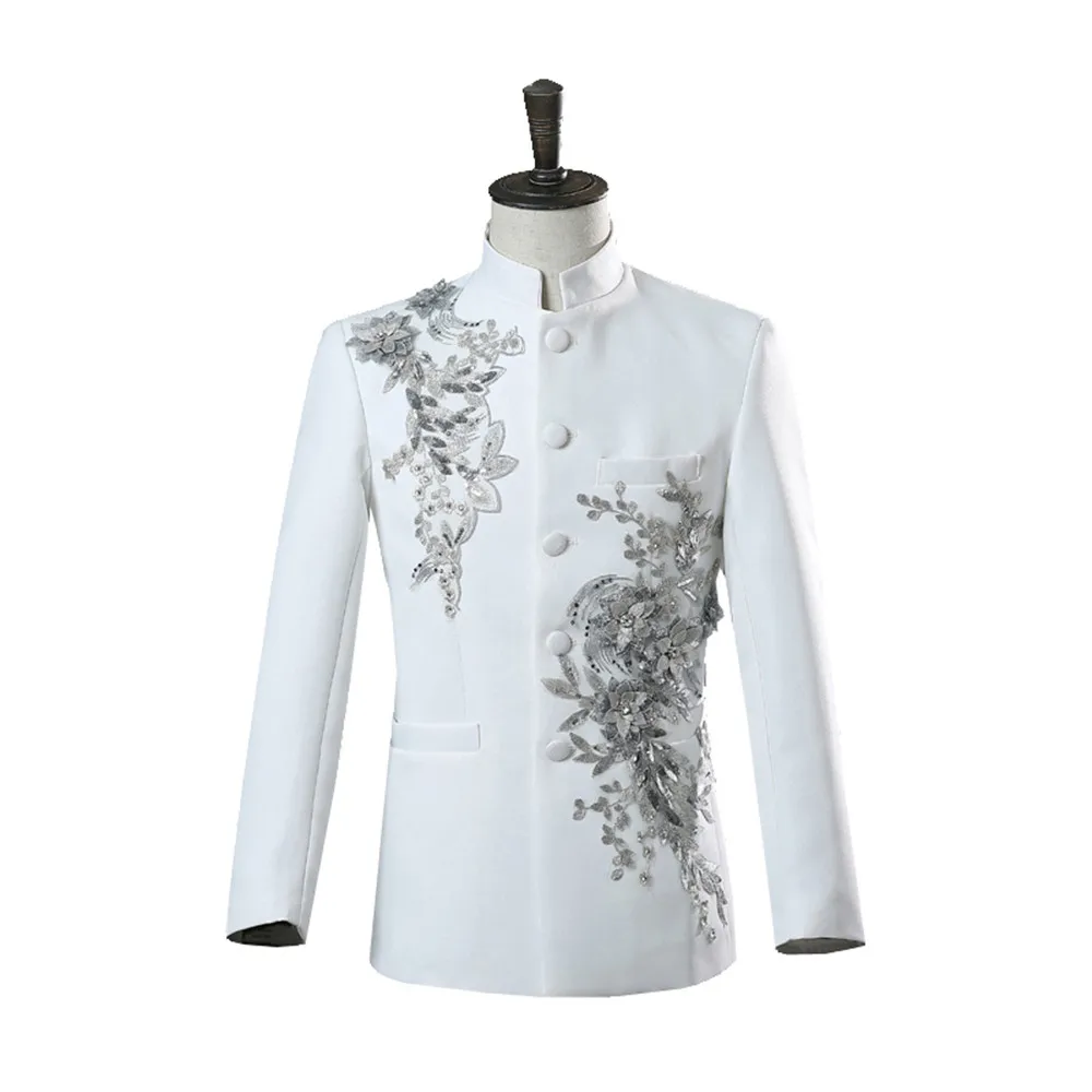 Top Trends: Chinese Tunic Men Mandarin Collar White Black Appliqued Blazer For Wedding Banquet Ceremony Shoppable Styles