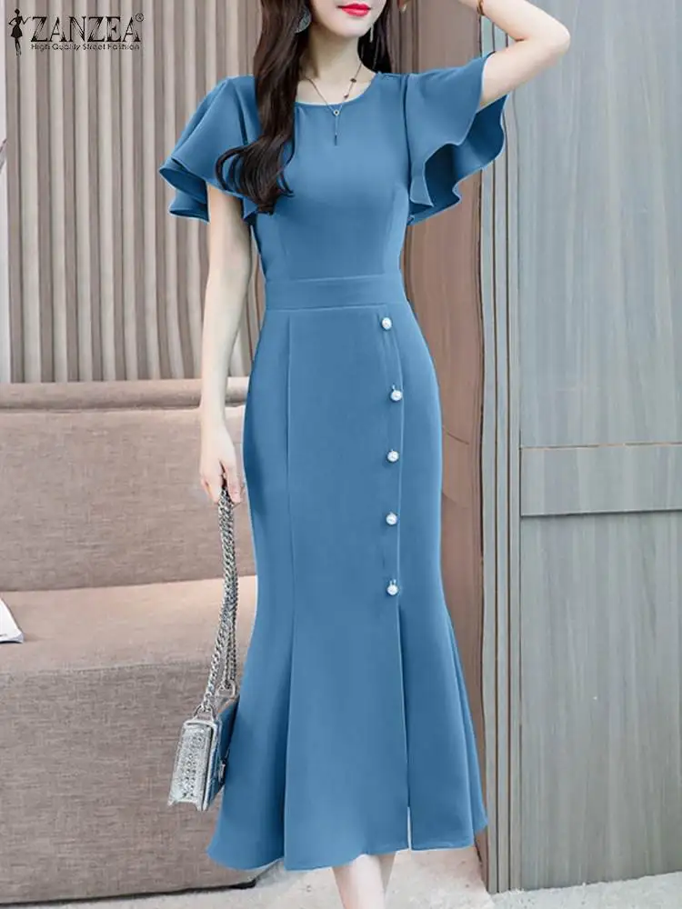 Top Trends: ZANZEA Elegant Split Fishtail Dresses Fashion Women Midi Dress 2023 Vintage Round Neck Party Robe Ruffle Sleeve Evening Vestidos Shoppable Styles