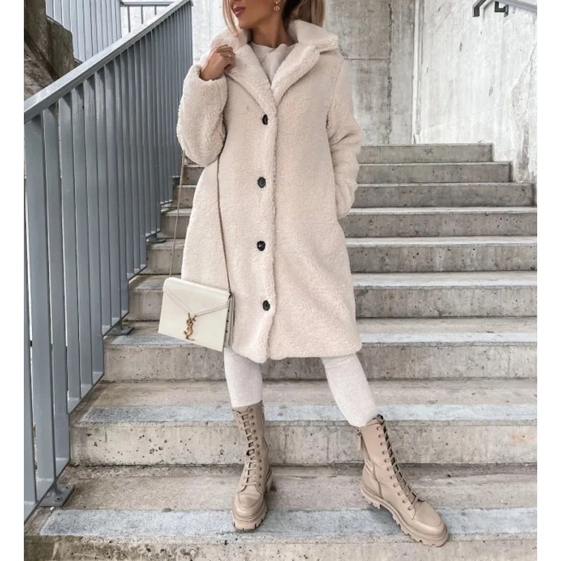 Top Trends: 2023 New Autumn And Winter Fashion Simple Polo Collar Panel Long Sleeve Temperament Commuting Plush Women's Mid Length Coat Shoppable Styles