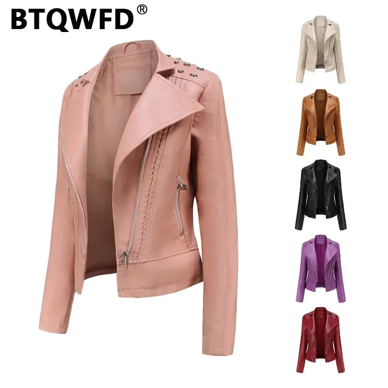 Top Trends: BTQWFD Female Clothing Jackets Women&#039;s PU Leather Rivet Coats Zipper Ladies Spring Autumn Motor Biker Tops With Pocket 2023 New Shoppable Styles