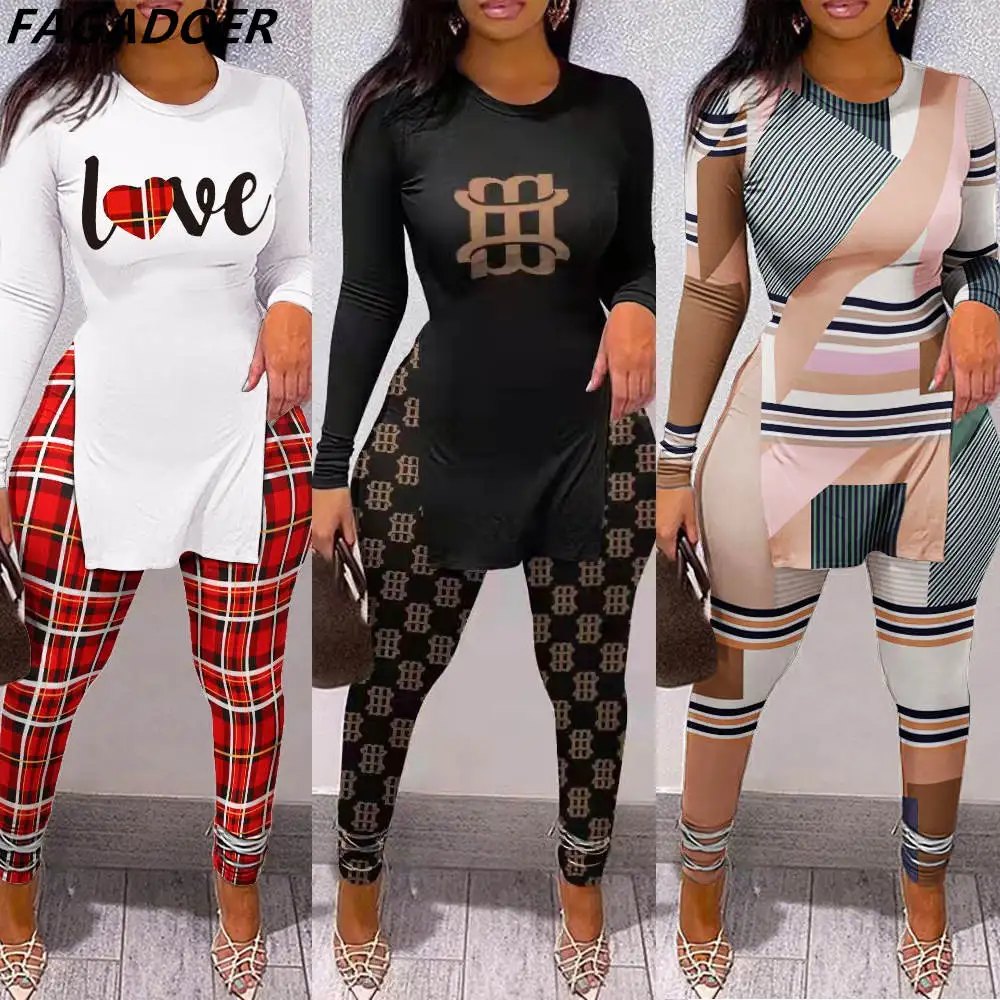 Top Trends: FAGADOER Fall Women Two Piece Sets Outfits Casual Print Side Slit Top And Skinny Pants Tracksuits Fashion Streetwear 2pcs Suits Shoppable Styles