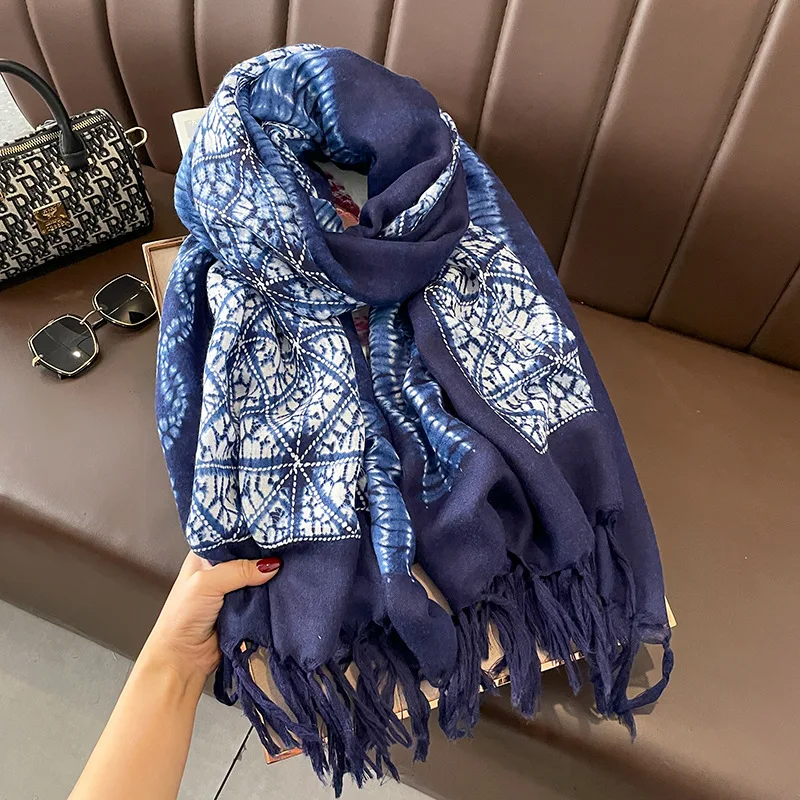 Top Trends: African Indian Navy Blue Floral Tassel Viscose Scarf High Quality Print Shawls And Wraps Pashmina Stole Long Soft Muslim Hijab Shoppable Styles - Image 5