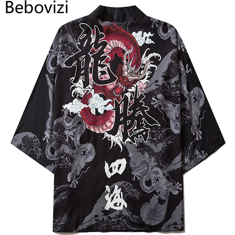 Top Trends: Bebovizi Dragon Print Yukata Men Women Fashion Cardigan Loose Blouse Haori Obi Asian Clothes Harajuku Japanese Cosplay Kimono Shoppable Styles