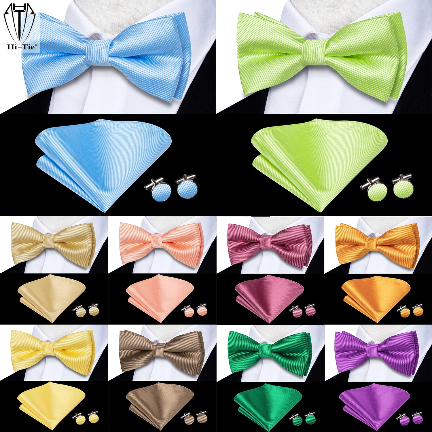 Top Trends: Hi-Tie Jacquard Silk Mens Bowtie Bow Tie Hanky Cufflinks Set Pre-tied Butterfly Knot Black White Grey Blue Red Green Pink Purple Shoppable Styles