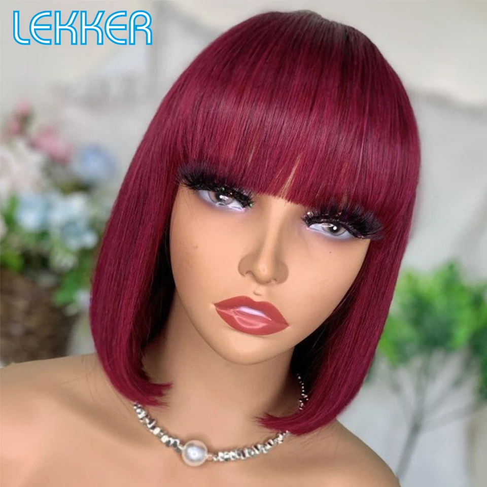 Top Trends: Lekker Wear To Go 99j Burg Red Short Straight Bob Human Hair Wig For Women Brazilian Remy Hair Colored Bangs Bob 12inch Wigs Shoppable Styles