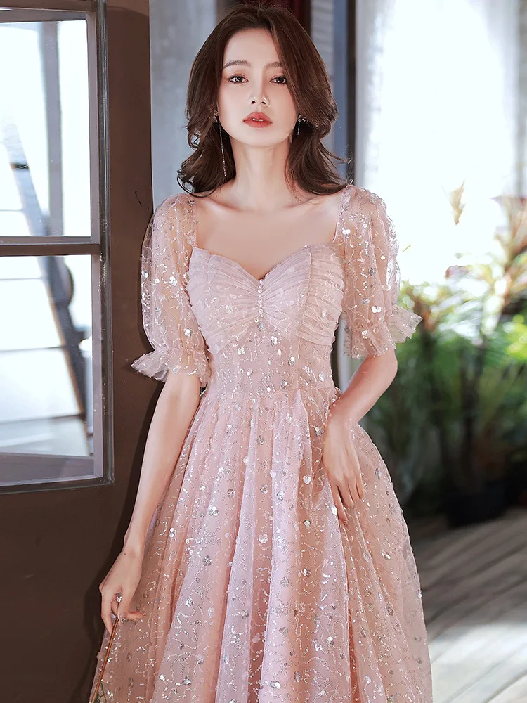 Top Trends: Bling Pink Women's Prom Dress Glitter Sequin Tulle A-Line Birthday Party Dresses Sweet Banquet Mid-Length Princess Gowns Shoppable Styles