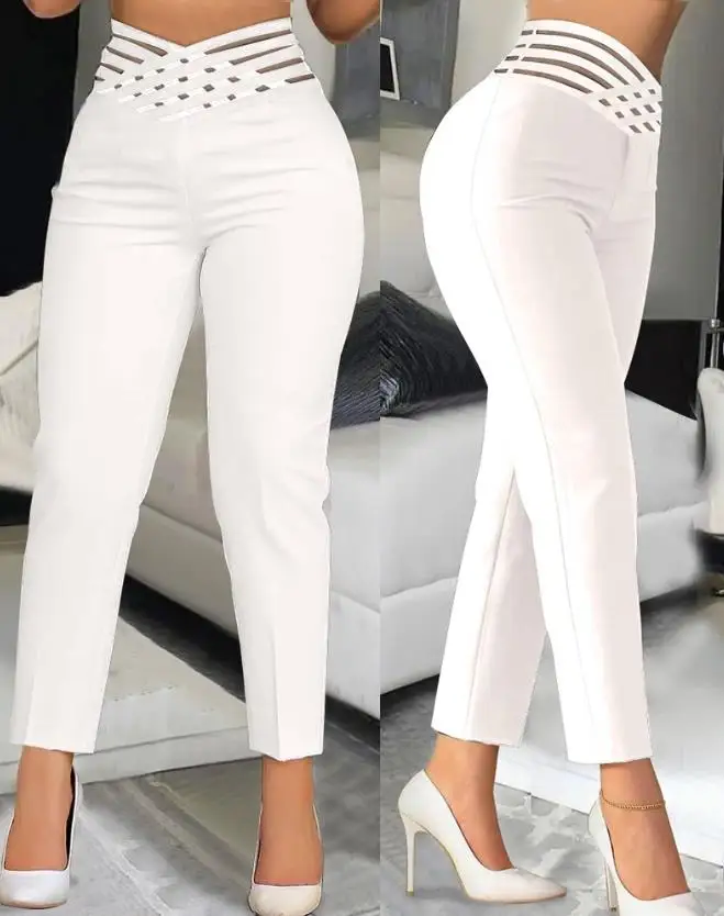 Top Trends: Women's Pants 2023 Summer Fashion Overlap Waist Hollow Out Casual High Waist Mesh Ruched Long Work Pants Streetwear Shoppable Styles