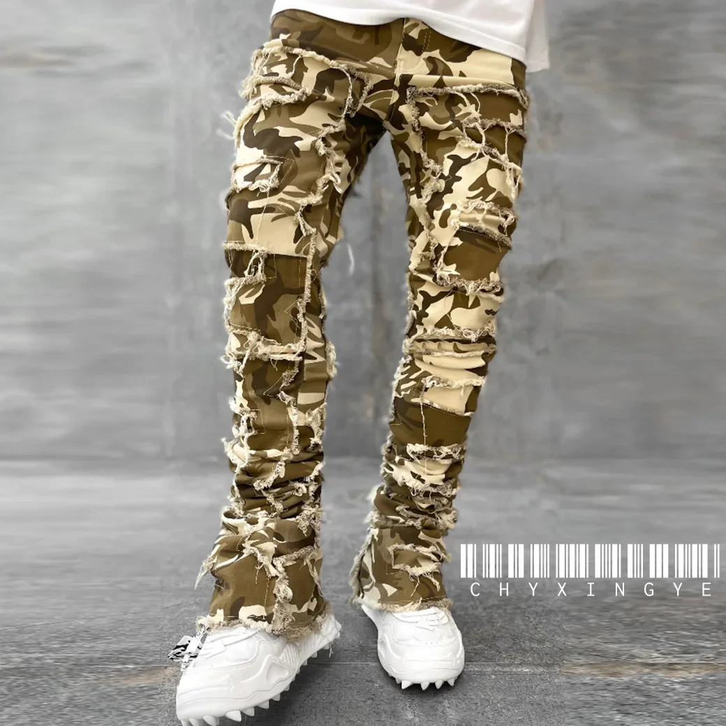 Top Trends: New European Camo Pants Men High Street Slim Fit Stretch Patched Denim Ripped Male&#039;s Stacked Jeans Men&#039;s Camouflage Jeans Shoppable Styles