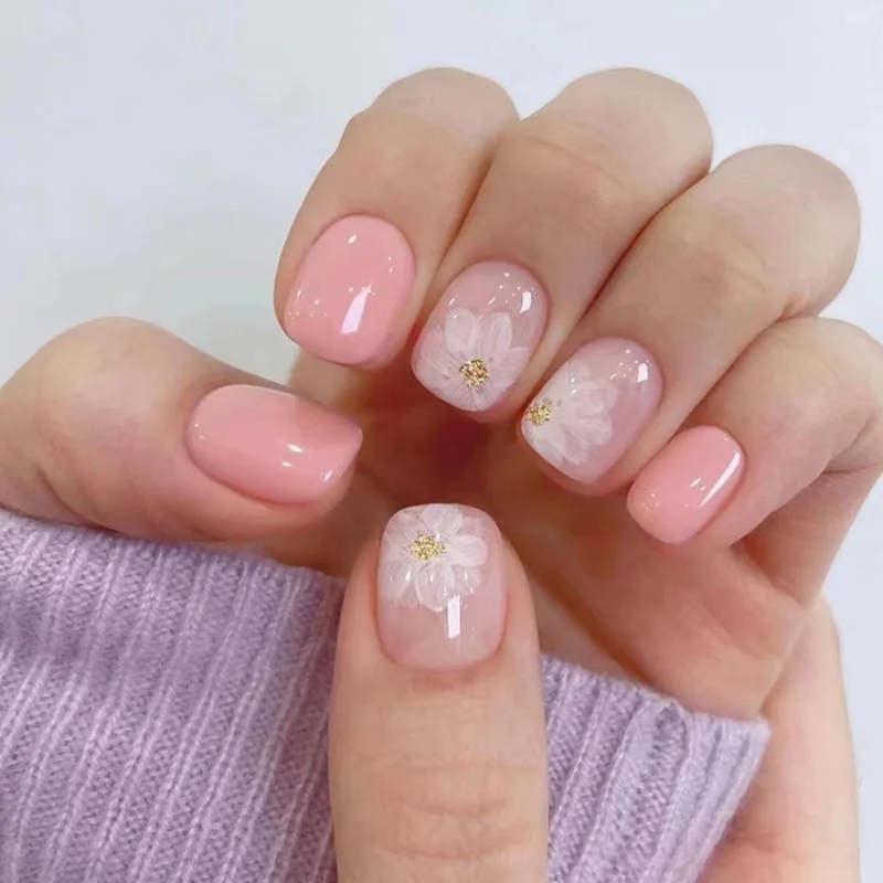 Top Trends: 24Pcs White Ice Camellia Short False Nails Art Light Pink Sweet Girls Acrylic Press On Nails Full Cover Removable Fake Nail Set Shoppable Styles