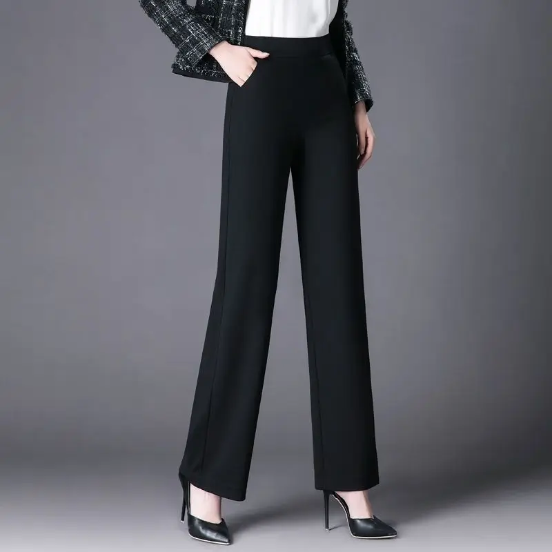 Top Trends: Office Lady Fashion Casual Straight Pants Spring Autumn Korean Women Solid Pockets Versatile Elastic High Waist Loose Trousers Shoppable Styles