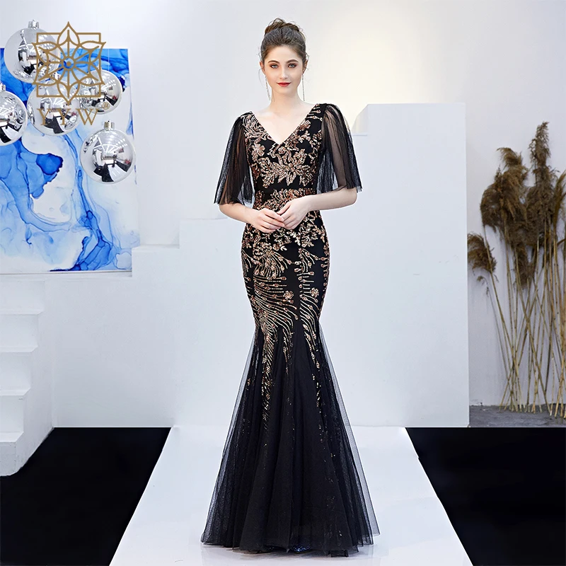 Top Trends: Black Mesh &amp; Gold Floral Sequined V Neck Mermaid Dress Luxury Formal Evening Party Long Dress Batwing Sleeve Sexy Nightclub Wear Shoppable Styles