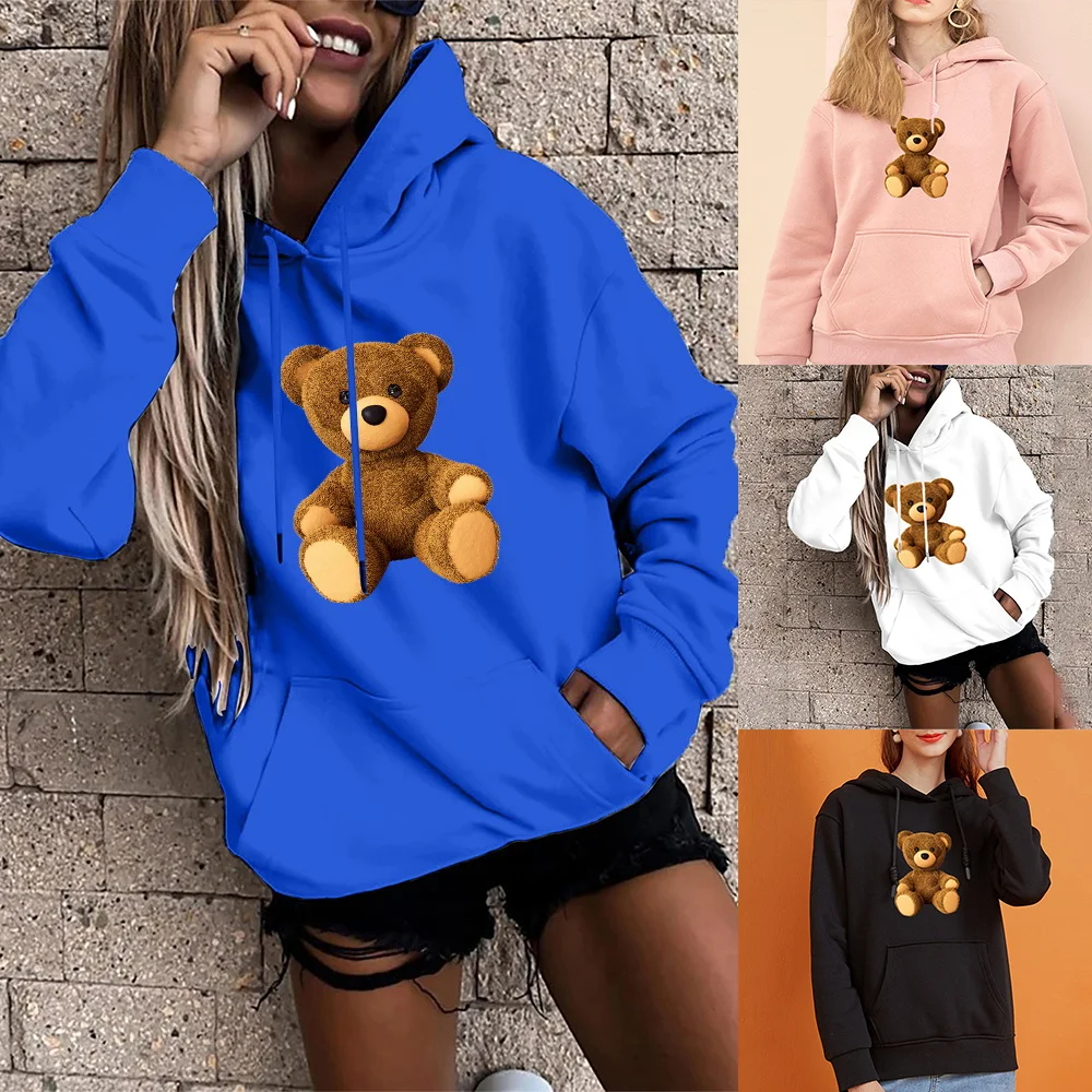 Top Trends: Autumn Women Hoodies Long Sleeve O-Neck Cute Bear Print Fashion Female Street Casual Commuter Tops Clothing Pullover Sweatshirt Shoppable Styles