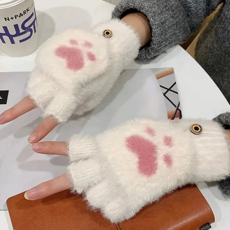 Top Trends: Female Warm Knitted Half Finger Flip Gloves Women Cute Cat Paw Plush Gloves Fashion Knitted Woolen Autumn Winter Thick Gloves Shoppable Styles